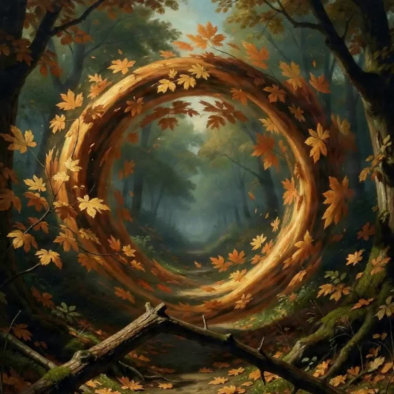 Beneath the swirling leaves